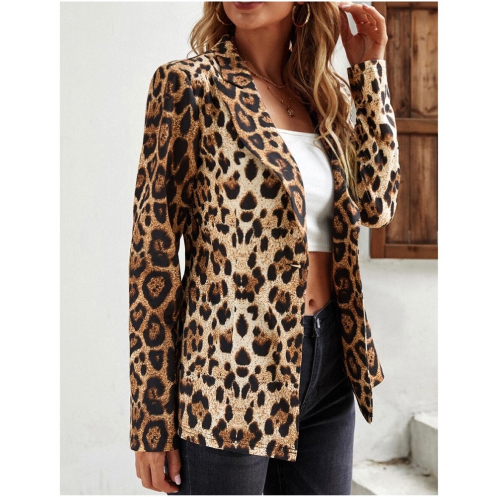 Camel Brown Leopard Print Button Up Blazer Work O… - image 3